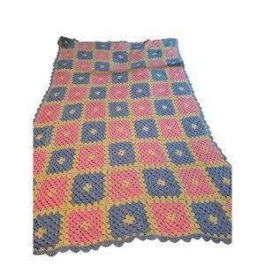 Vintage Handmade Pastel Pink Blue Grannysquare Afghan Blanket Throw Baby Room